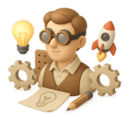 A 3D illustration of an inventor or thinker, with brown hair, goggles, and a vest, surrounded by symbols of innovation: a lit lightbulb, gears, a rocket, a sketch of a lightbulb on a piece of paper, and a pencil.