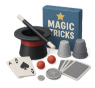 A magic tricks set, including a blue "MAGIC TRICKS" book with a yellow star, a black magician's top hat with a red band, a magic wand, two grey cups, two red balls, playing cards (with aces of spades and clubs visible), and grey coins.